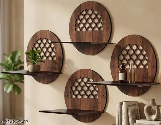 Wall Mounted Floating Shelves for Living Room, Bedroom, Kitchen, Pooja Room & More – No Drill, Adhesive Wood Shelf, Corner & Book Shelves, Set of 4, Wall Decor (Round Shelf)